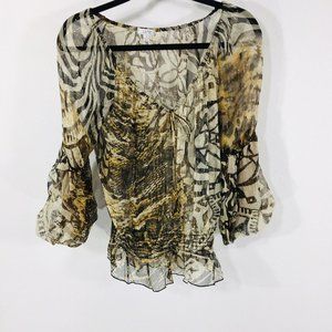 Vintage 100% Silk Cache Sheer Animal Print Blouse Top in Black, Gold Crystals